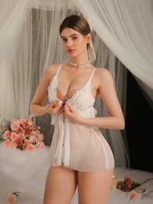 DelicateAllure Đầm hai dây, cài cúc phía trước, xếp ly, viền bèo nhún, màu trắng, kiểu dáng tối giản gợi cảm, nơ thắt cổ, kiểu babydoll, dễ thương, lãng mạn, mặc hàng ngày, đi nghỉ mát, áo ngủ nữ - trắng - Xem 2