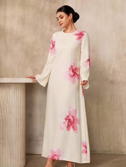 Graceveil Vestido largo de manga larga con estampado floral elegante para mujer, vestido formal modesto de manga larga, vestido formal de mujer, vestido largo con estampado floral y manga larga para mujer, vestido maxi, vestido formal elegante clásico para mujer