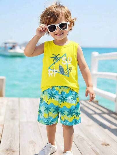 SHEIN 2件套男童休闲简约时尚百搭椰树热带植物扎染度假风沙滩休闲运动背心短裤套装，适合春夏季节穿着。