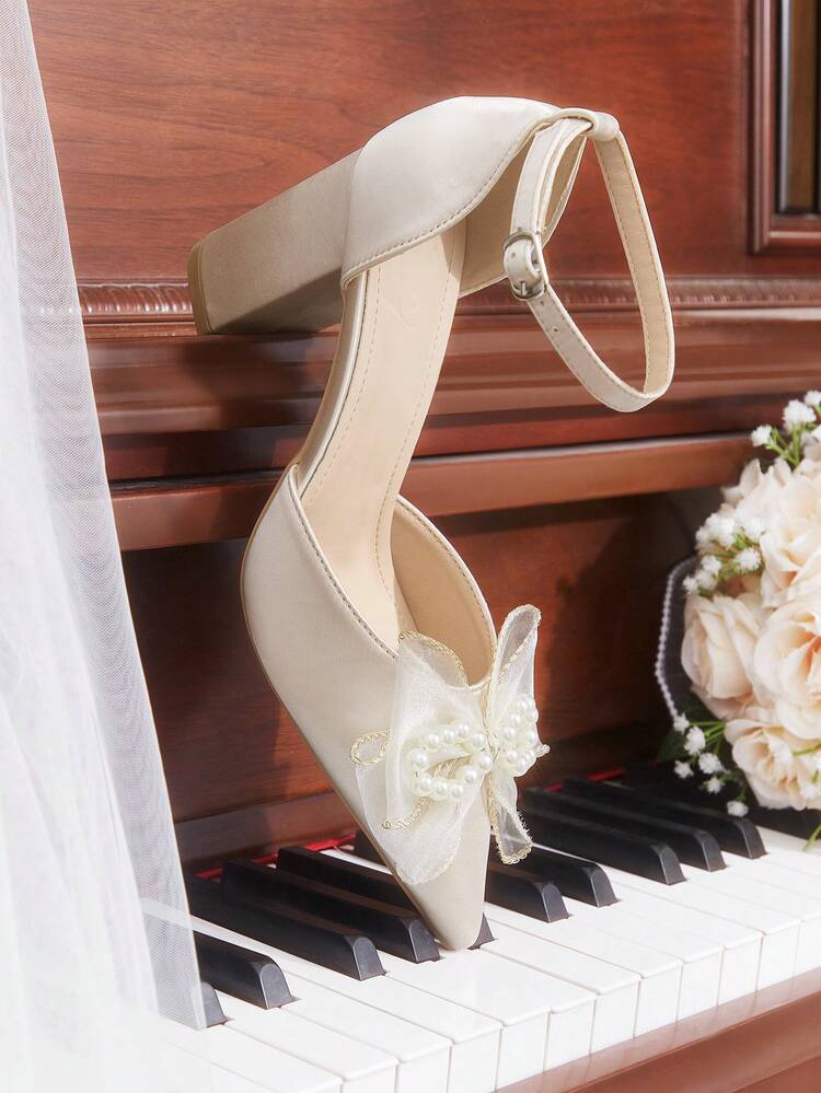 CUCCOO HITCHD New Women's Square Toe High Heel Shoes With Mesh, Faux Pearl & Bow Decor, Elegant Sweet Romantic White Satin Wedding Bridal Party Dress Shoes For Christmas Elegant Shoes Wedding Shoes Summer Shoes Bride Shoes
