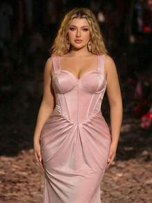 Glamrae Mono elegante y romántico de punto elástico rosa loto de talla grande con diseño de busto fruncido, bajo de sirena con tren desmontable, adecuado para fiesta de noche, cita, baile de graduación, boda, Día de San Valentín - Rosa vieja - Ver 2