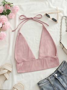 Roelina Dusty Pink Halter Tops For Women Summer Seksi Chic Vacation Holiday Ring Decor Backless Push Up Bikini Top Casual Tank Cute Bathing Suit Tops - Dusty Pink - View 2