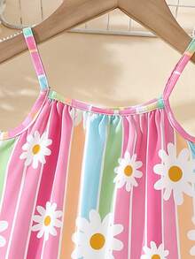 1件适合4-7岁女孩的甜美活力/清新假日风彩虹条纹+雏菊印花无袖连衣裙，轻盈活泼，吸睛十足，适合日常穿着、上学、生日派对、野餐、儿童节、春夏秋季等场合。 - 彩色 - 查看 5