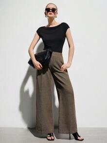 Aveloria Modichic Elegant Commuting Versatile Herringbone Pattern Wide Leg Loose Pants - Brown - View 1