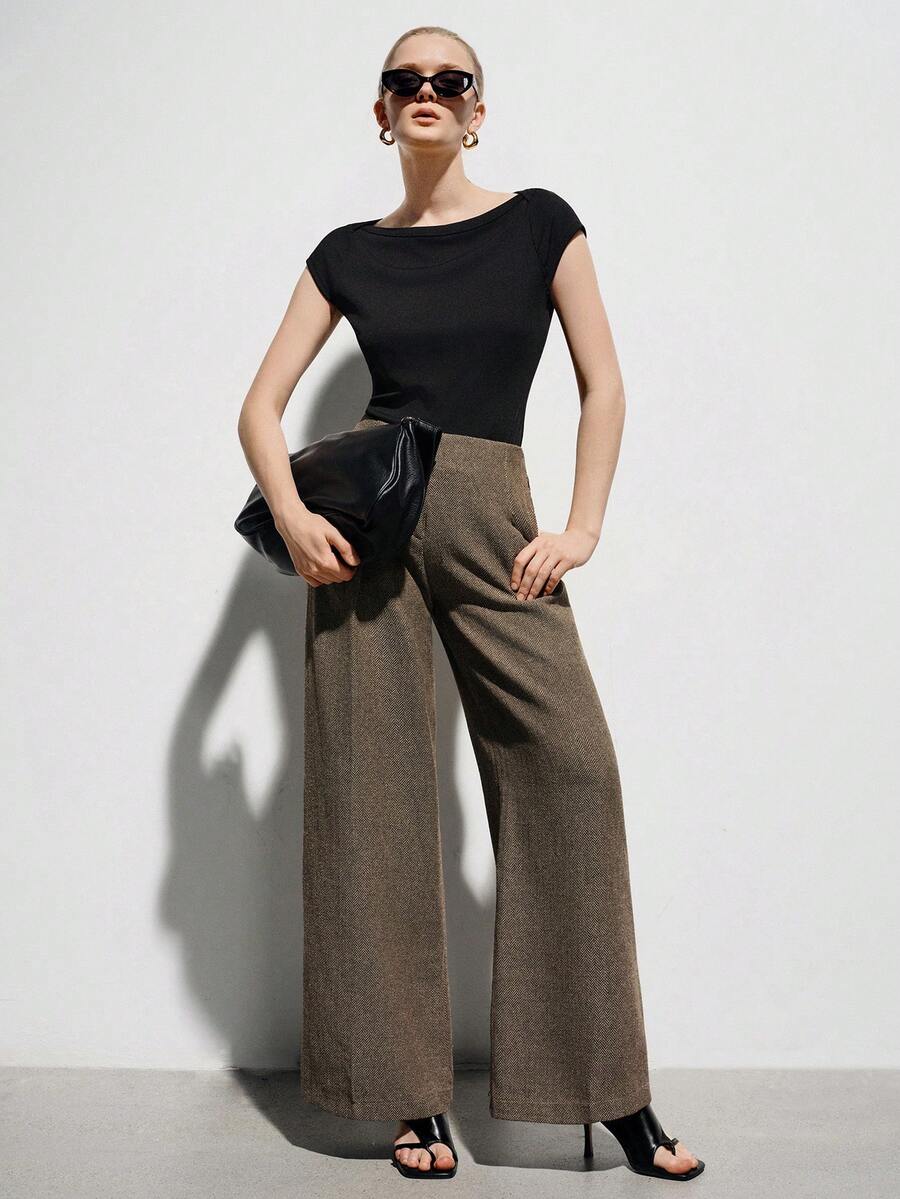 Aveloria Modichic Elegant Commuting Versatile Herringbone Pattern Wide Leg Loose Pants - Brown - View 1