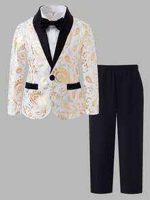 Young Boy Gentleman Gold Foil Print Lapel Single-Breasted Suit Jacket And Pants Set - Black and White - View 1