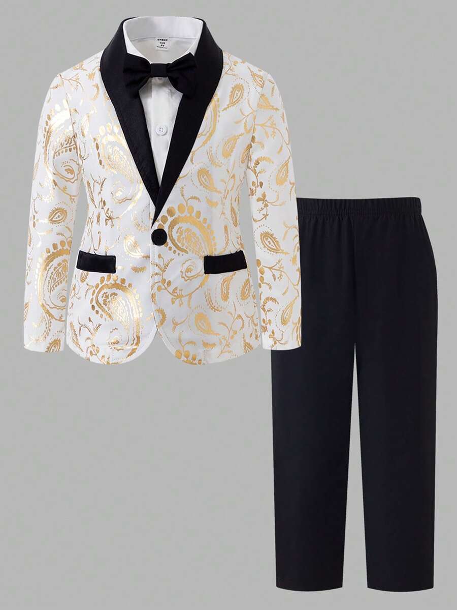 Young Boy Gentleman Gold Foil Print Lapel Single-Breasted Suit Jacket And Pants Set - Black and White - View 1