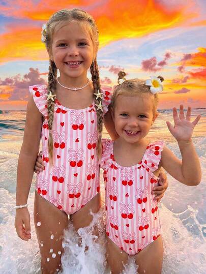 SHEIN Vintage Cute Sweet Pink Striped Bow & Cherry Print Pattern, Baby Girl Casual Minimalist Fitted Ruffled One-Piece Swimsuit, Suitable For Summer