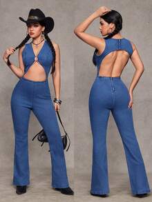 Jeanoix 女士性感露背无袖牛仔连体裤，夏季 - 藍色 - 查看 1