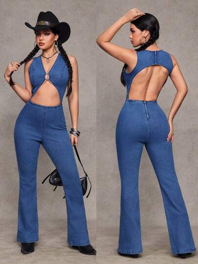 Jeanoix 女士性感露背无袖牛仔连体裤，夏季