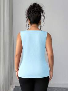 Elenzga Camiseta de punto de cuello cuadrado de unicolor casual de talla grande para verano - Celeste - Ver 2