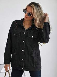 Selenza Button Blue Front Flap Pocket Drop Shoulder Denim Jacket - Black - View 6