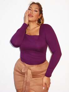 MelDlgn Plus Size Women Square Neck Long Sleeve Fitted T-Shirt, Autumn Fall Cloth For Women - Burgundy - View 4