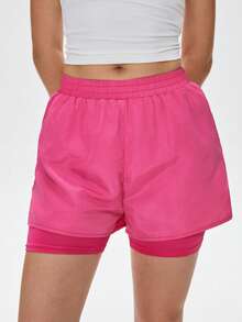 WanderVale Shorts casuais femininos de cor sólida com cintura elástica, shorts de trabalho femininos, shorts femininos rosa para corrida, shorts-saia femininos, shorts femininos rosa, shorts esportivos femininos, shorts de corrida femininos. - Rosa - Ver 3
