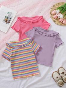 Genkimix Kids 3件装女童荷叶边领短袖T恤，彩色条纹/浅紫色/粉色纯色三种可选，荷叶边领设计甜美吸睛，适合日常休闲、春夏郊游、露营、度假、返校等场合。 - 彩色 - 查看 2