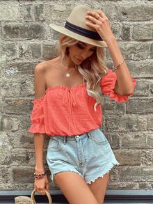 Breezaya Blusa de mujer con volantes, hombros descubiertos y nudo delantero, de unicolor, para vacaciones - Rosado Sandía - Ver 5
