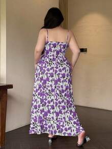 SHEIN Tall 大码前后系带腰部隐形拉链吊带连衣裙，适合高个女性 - 紫色 - 查看 2