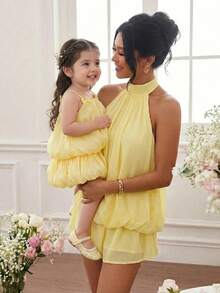 SHEIN Gaun Tanpa Lengan Motif Bunga Warna Kuning Pucat Lucu untuk Bayi Perempuan Musim Panas, Gaun Pesta Elegan Mengembang dengan Pita dan Hem Berumbai untuk Liburan - Kuning - View 2