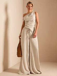 SHEIN BAE Bộ đồ 2 món màu mơ gồm áo tay ngắn bất đối xứng vai và quần ống rộng cạp cao, thích hợp cho các chuyến đi chơi mùa hè, kỳ nghỉ và đi biển. - Màu be - Xem 7