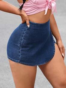 SHEIN Tall 女士高腰不对称下摆休闲牛仔短裙 - 藍色 - 查看 5