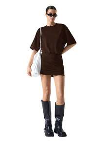 LYSMO 2026 Frühling/Sommer Neu Kaffeebraunes Enges Minikleid mit Rundhalsausschnitt und Kurzarm für Frauen - Kaffeebraun - Übersicht 7