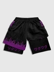 ROMWE MEN Anime Men's Summer Casual Fashionable Street Y2K Flame Print Drawstring Waist Loose Shorts - Multicolor - View 2