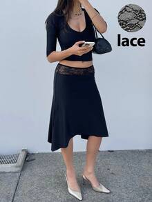 Siren Gaze Summer Low-Waisted Lace-Trimmed A-Line Midi Black Slim-Fit Skirt – An Elegant And Sophisticated Goddess-Style Skirt, Perfect For Commuting Long Skirt Low Waist Skirt Elegant Skirt Black Skirt - Black - View 9