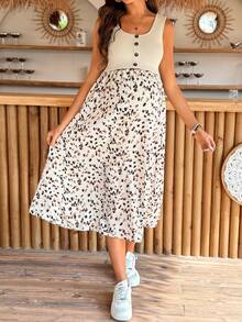 SHEIN Đầm bầu không tay in họa tiết phối màu, kiểu dáng thường ngày, dùng cho việc cho con bú. - Màu Khaki - Xem 5