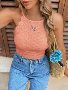 SHEIN Frenchy Guipure Ren Viền Crop Halter Họa tiết Vải Đi chơi Áo Bodycon Đen Top - Màu Hồng  San hô - Xem 5