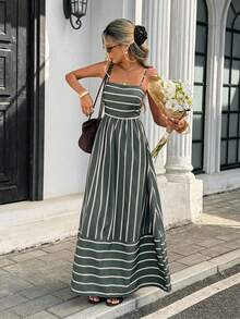 Serisse Đầm hai dây dáng suông kẻ sọc viền bèo dành cho nữ - màu xanh lá - Xem 10