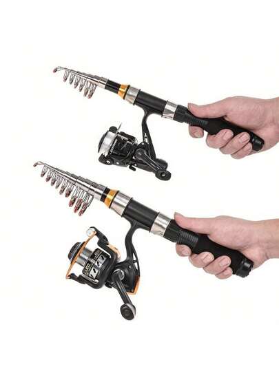 一根黑色短迷你钓竿，紧凑设计 - 超便携且节省空间的设计，具有顺畅的伸缩机制，伸缩式海钓竿，户外钓鱼用具，适用于湖泊、河流、溪流、海洋、海湾以及冬季淡水、海水和冰钓（不包括河豚）。