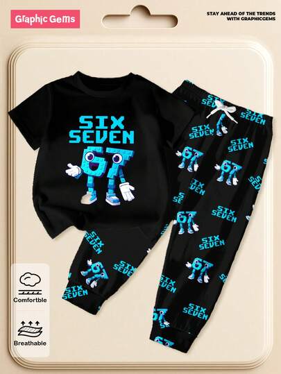 SHEIN GraphicGems 两件套：黑色数码印花T恤和裤子，时尚休闲套装，舒适街头风，四季皆宜，男童67码日常穿着