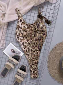 Swim SXY Traje de baño de una pieza con estampado de leopardo y espalda descubierta, el talla grande vendido y sexy de 2026 - Marrón - Ver 6