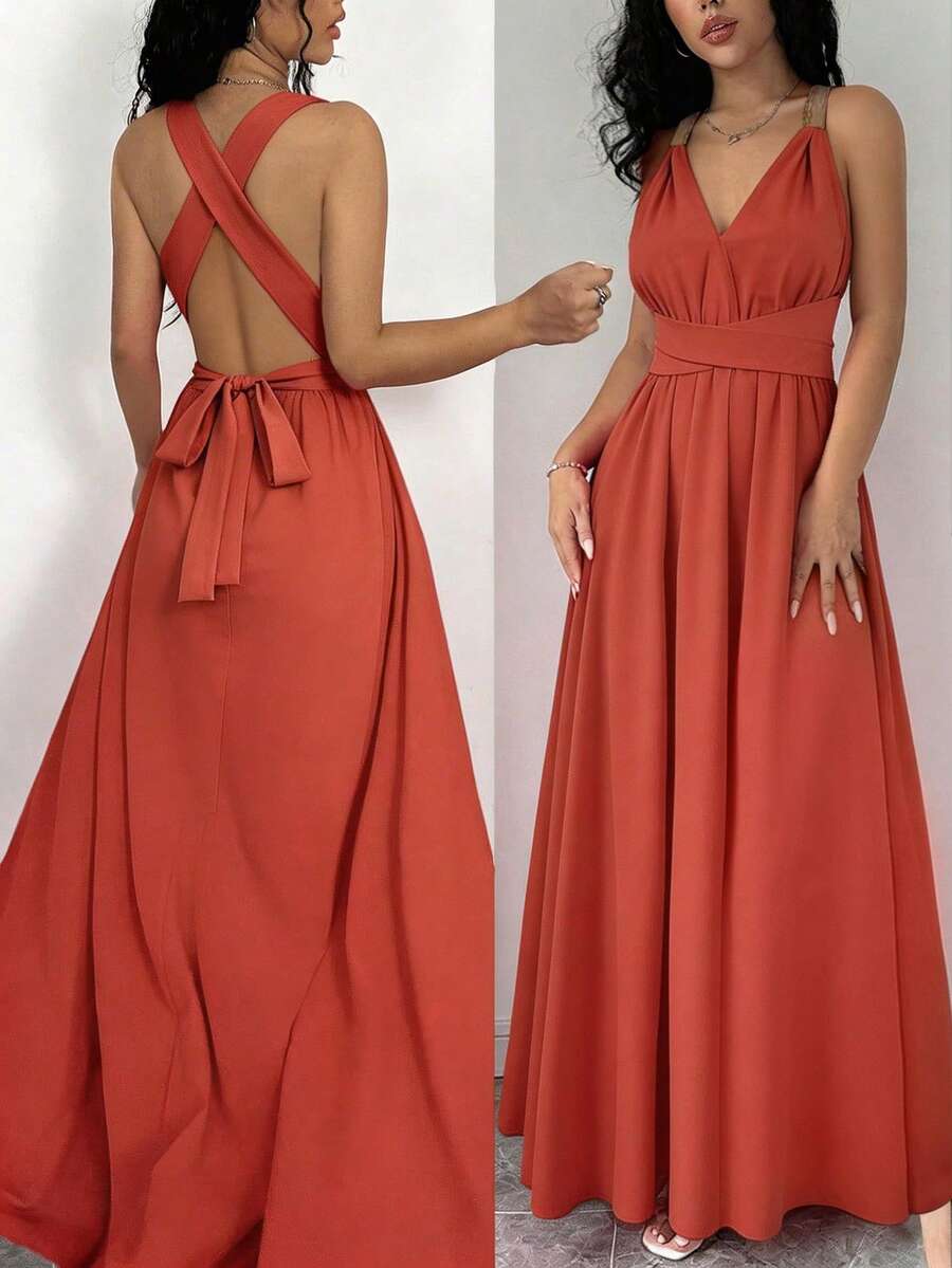 Franclia Đầm nữ mùa hè cổ yếm, thắt lưng buộc sau lưng, kiểu dáng quấn quanh cổ, trang phục mùa hè, đầm đi nghỉ mát thanh lịch, đầm mặc ngoài, đầm đi nghỉ, đầm cổ yếm, đầm dài mùa hè. - trái cam - Xem 1