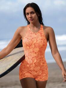 Swim SPRTY Áo tắm liền thân hở lưng in họa tiết toàn thân dành cho nữ, thích hợp cho kỳ nghỉ biển. - trái cam - Xem 6