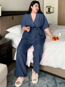 Dazy Plus Conjunto de pijama con cordón estilo tartán, apto para todas las estaciones - Azul Marino - Ver 4