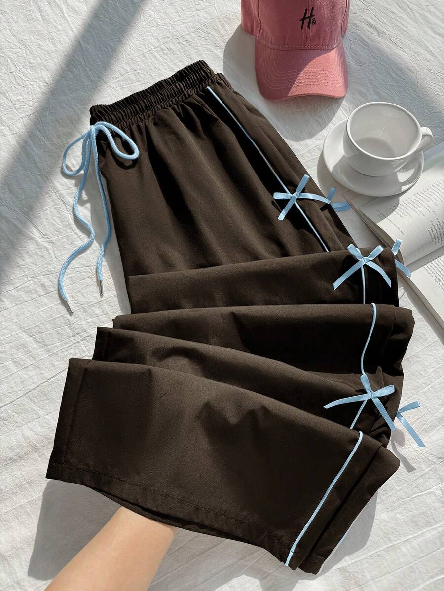 SHEIN EZwear 大码女式休闲日常通勤时尚街头抽绳腰带撞色滚边蝴蝶结装饰宽松阔腿裤 - 棕色 - 查看 1