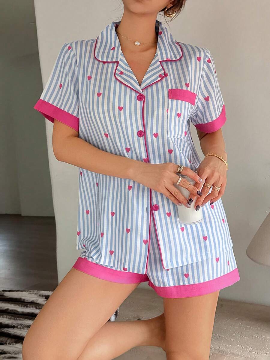 Napfluff Heart Contrast Stripe Cardigan Pajama Set For Women - Blue and White - View 1