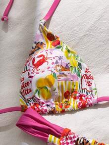 Bonvoyette Summer Vacation Sexy Fashion All-Over Fruit & Vegetable Print Halter Tie Two Pieces Bikini Set - Multicolor - View 3