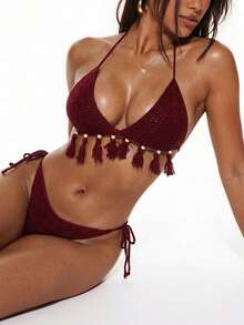 Slaydiva Conjunto de bikini rojo de lujo, sexy y estilo bohemio para vacaciones de primavera/verano - Rojo - Ver 2