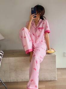 Napfluff Contrast Color Bow Striped Print Lapel Red Button Short Sleeve Top And Pants PJS,Pink Striped Pink Bow Print PJS,Suitable For Home Wear - Pink - View 5