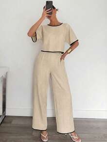 Siren Gaze 两件套女士纯色褶皱衬衫和裤子休闲套装 - 杏色 - 查看 4