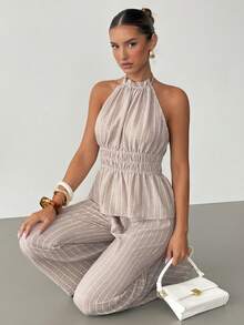 Siren Gaze Women's Light Beige Striped Halter Two Piece Set,Smocked Peplum Top & High Waist Wide Leg Pocketed Pants,Linen Summer Elegant Vacation Co-Ord - Apricot - View 7