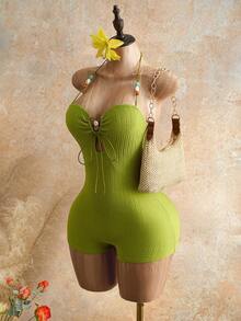 Mistrie 女士荧光绿前系带露背连体紧身衣 - 綠色 - 查看 4