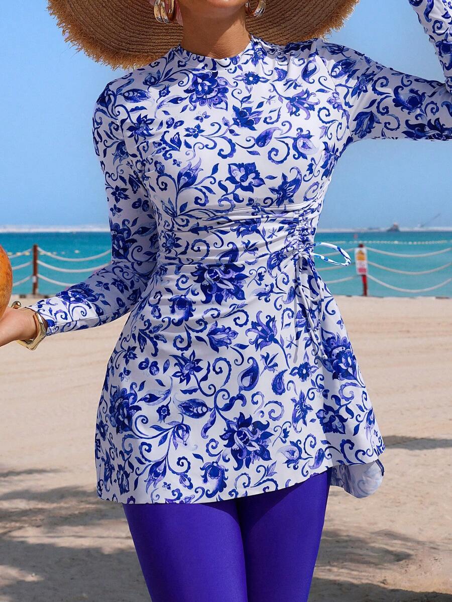 Swim Mulvari 成熟中东印花抽绳长袖上衣和裤子女士夏季布基尼两件套 - 彩色 - 查看 1