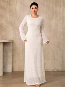 Graceveil 女士圆领蕾丝优雅收腰长款派对礼服，带袖长裙，招待会礼服，婚纱，白色蕾丝长裙，女士正式长裙，女士连衣裙，优雅经典 - 白色 - 查看 1