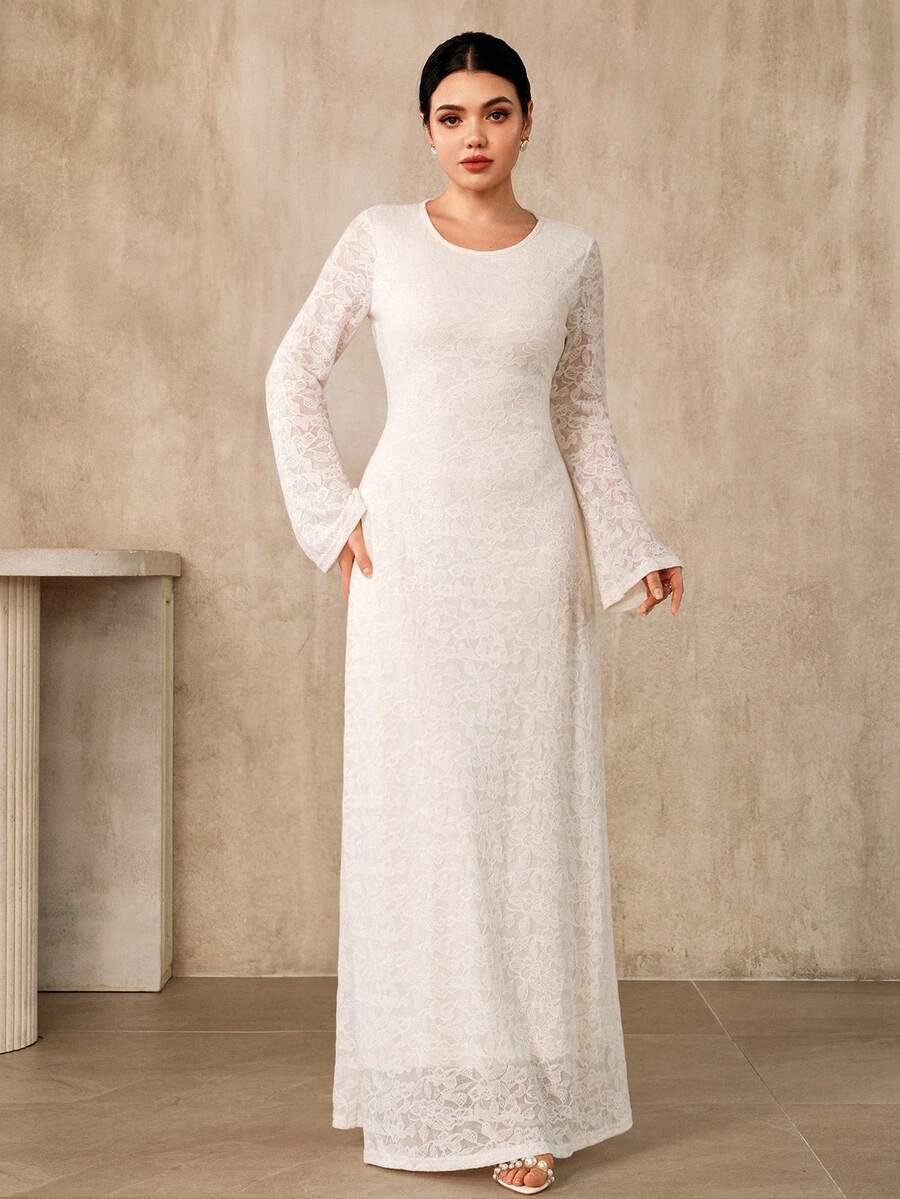 Graceveil 女士圆领蕾丝优雅收腰长款派对礼服，带袖长裙，招待会礼服，婚纱，白色蕾丝长裙，女士正式长裙，女士连衣裙，优雅经典 - 白色 - 查看 1