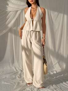 SHEIN EZwear Conjunto informal de top halter sin espalda y pantalones en color caqui - Caqui - Ver 4