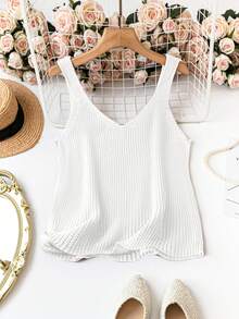 SHEIN Clasi Plus Size Sleeveless Solid Color Knit Casual Top - White - View 2