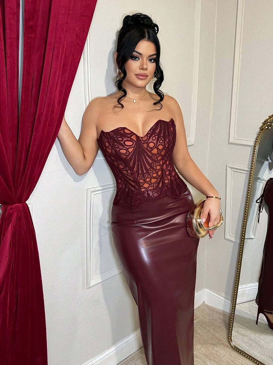 Dayanna Comas 女士性感系带胸衣塑身衣 - 酒紅色 - 查看 1